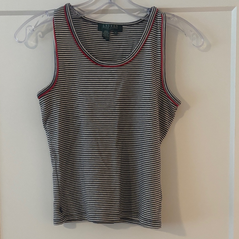 Lauren Ralph Lauren Black and White Striped Tank with Red Trim